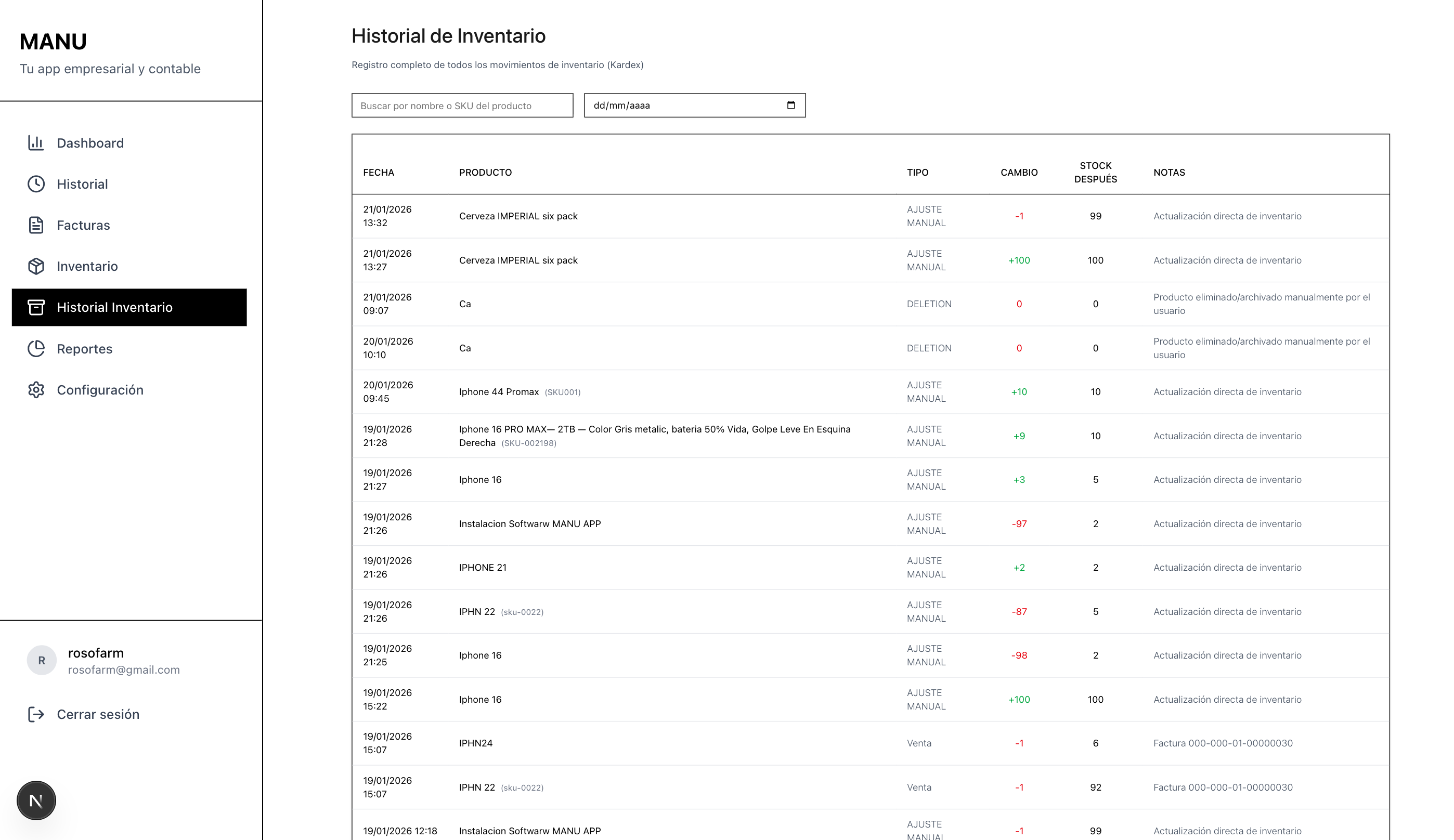 Historial de movimientos de inventario en el portal Manu