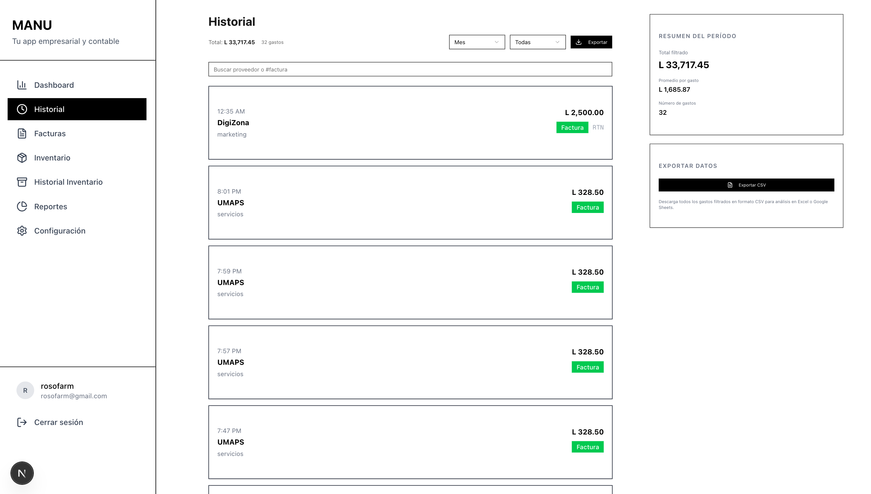 Dashboard corporativo de MANU